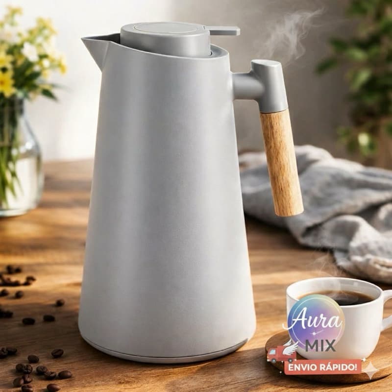 Garrafa Térmica Akita 1L Cinza | Café e Chá | Alça com Detalhe em Madeira