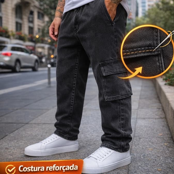 Calça Cargo Masculina Jeans Sarja Streetwear Com Elástico e Cordão Na Cintura