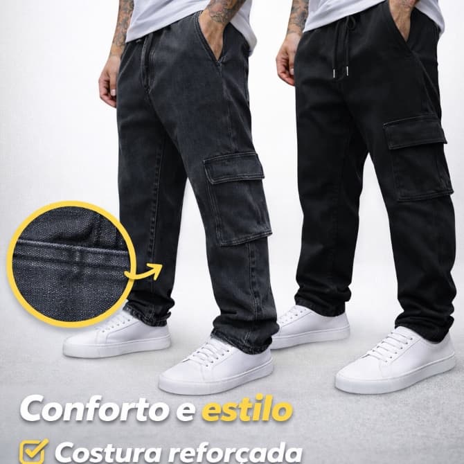 Kit com 2 Calças Cargo Masculinas Jeans Sarja Com Elástico e Cordão Na Cintura