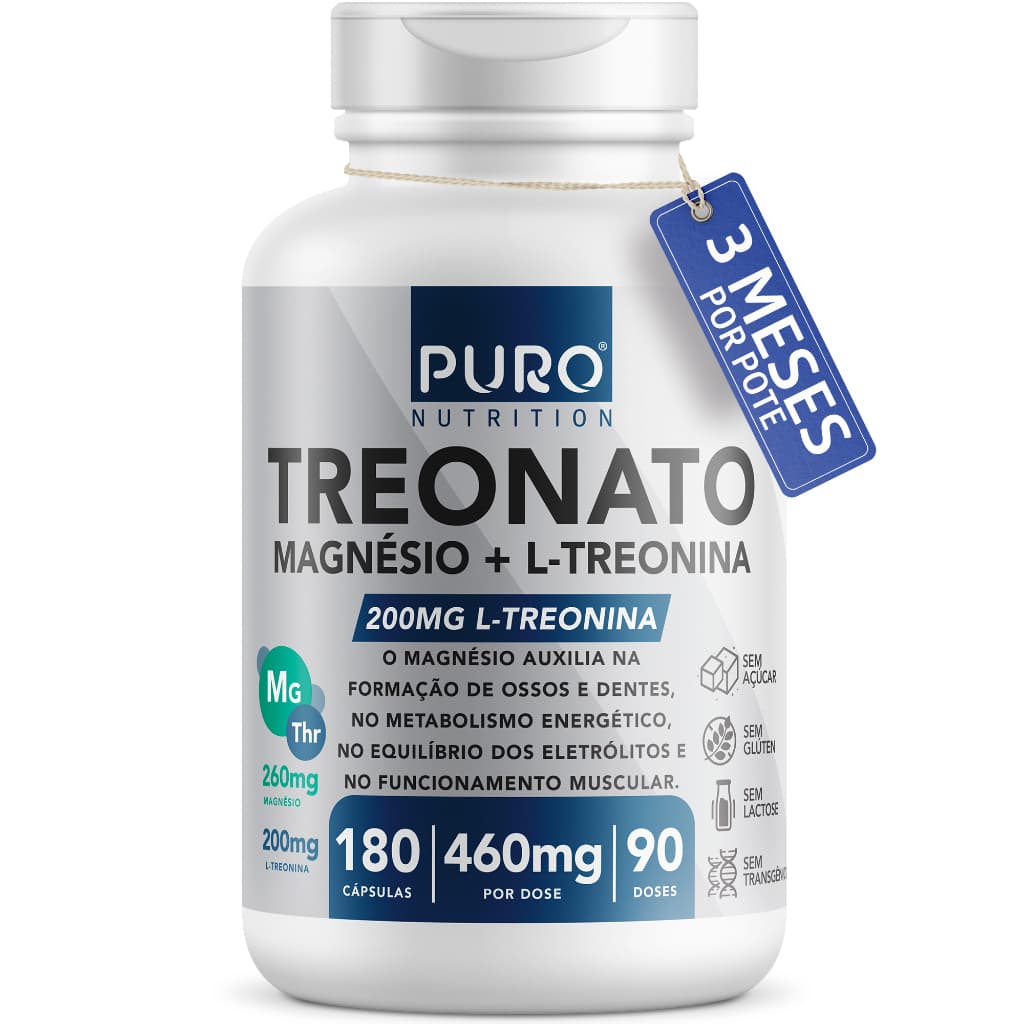 Treonato Puro Nutrition Magnésio + L-Treonina, Alto Teor de Magnésio por Porção, 180 Cápsula