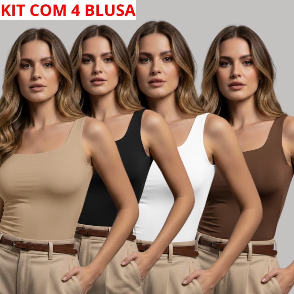 kit 4 Regata Feminina Blusa Sem Manga Decote Quadrado Suplex Premium Liso Poliam Blogueira Regatinha Verão