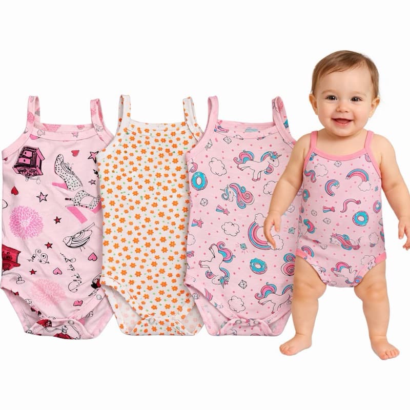 Kit 3 Body Regata Sem Manga Liso Infantil Bebê Menina Borie Regatinha Verão com Alcinhas 100% Algodão Enxoval Barato