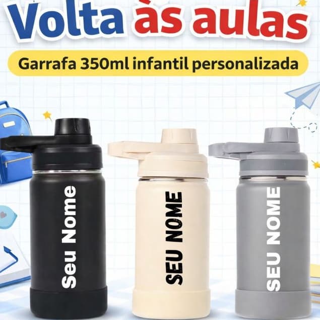Garrafa Térmica de Água Infantil 350ml Personalizada com Nome Ideal para Escola Academia Capa Protetora Silicone