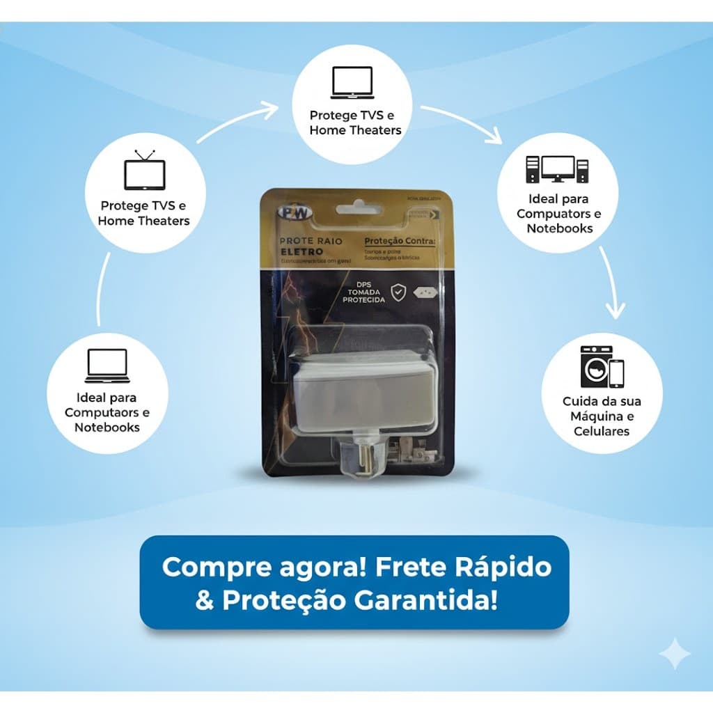 Protetor Contra Raios e Descargas/Picos de Energia - Protetor de Raio PW Eletro 2 Tomadas 127V/220v