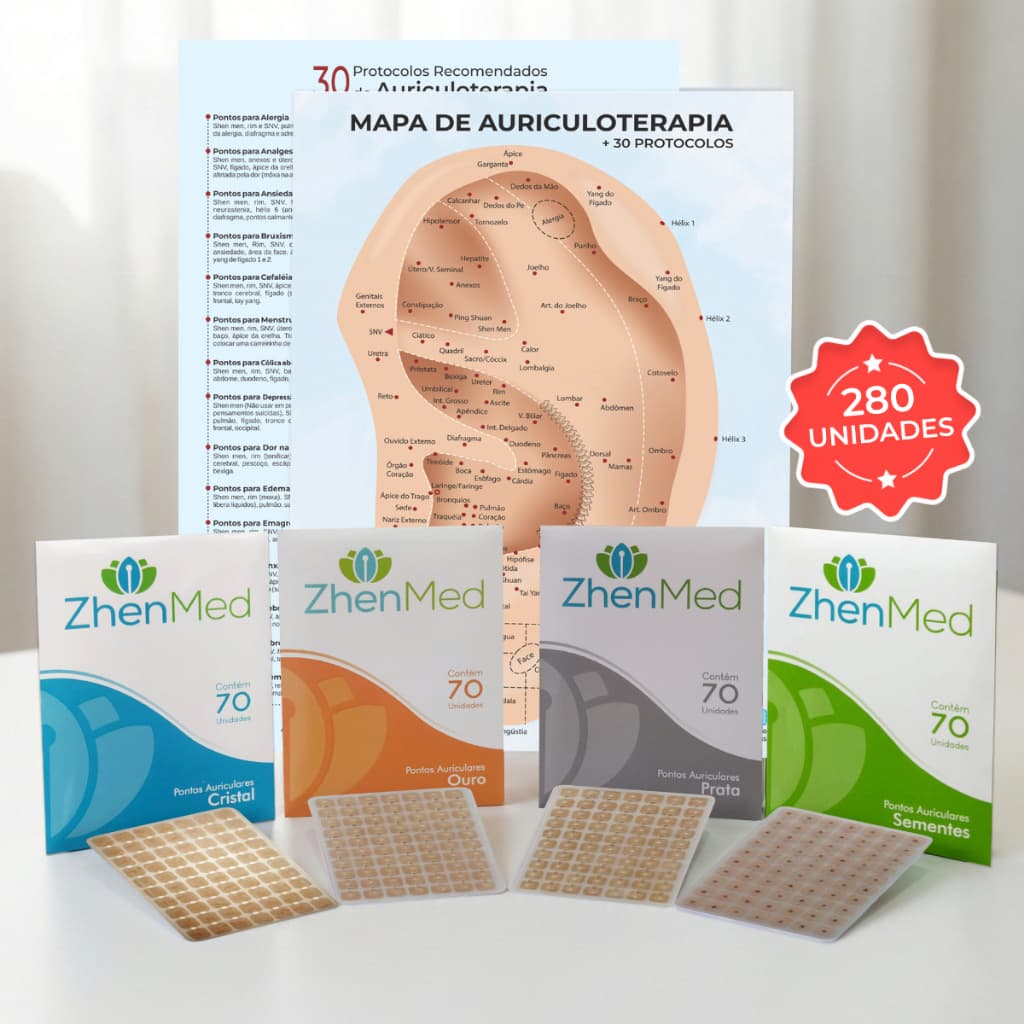 Kit Auriculoterapia Mapa Pontos Cristal Sementes Ouro Prata