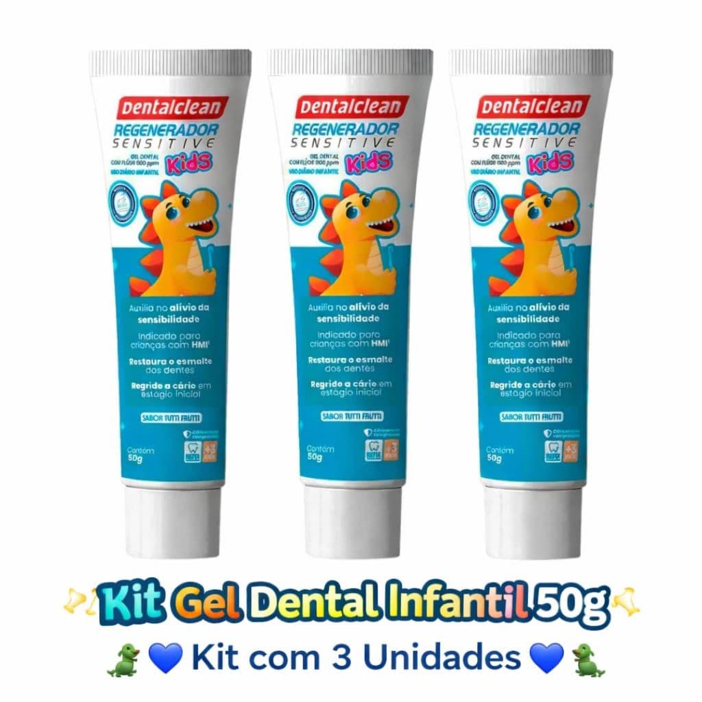 Kit 3 Gel Dental Kids Dentalclean Regenerador Sensitive 50g com Flúor 1100ppm Uso Diário