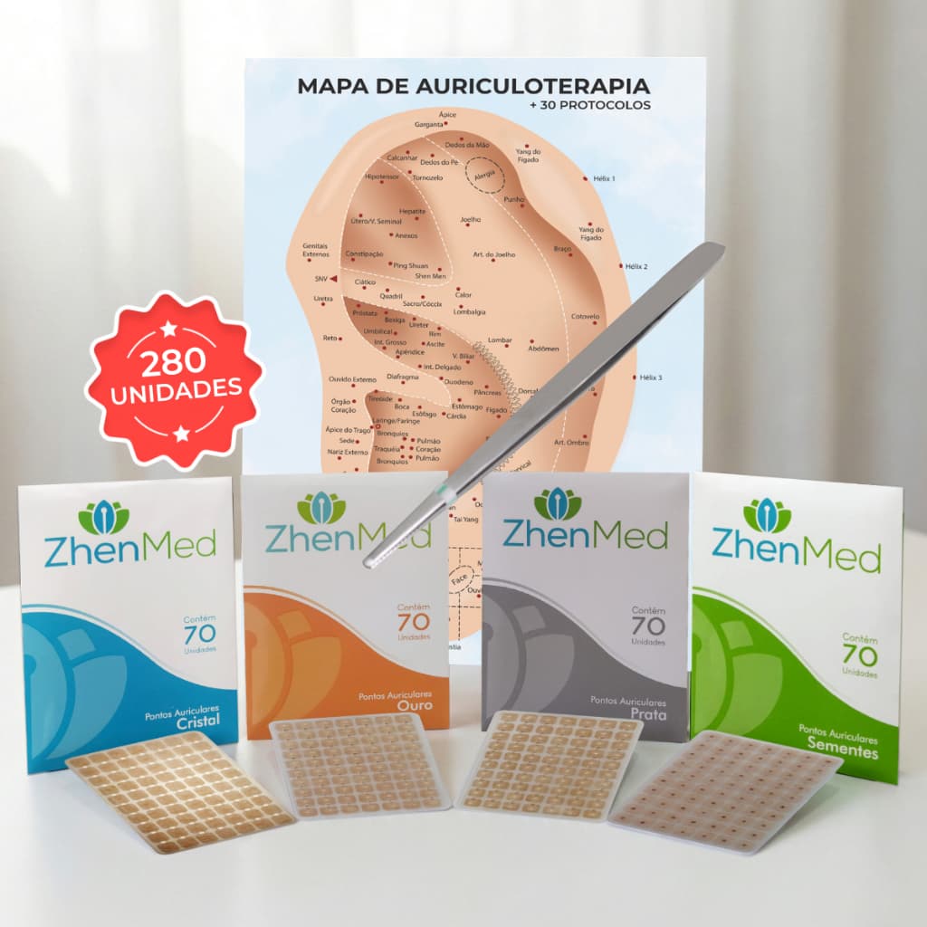 Kit Auriculoterapia Mapa Pinça 280 Pontos Ouro Prata Cristal Semente
