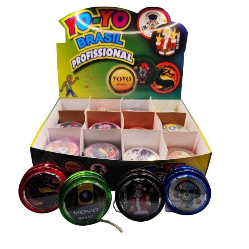 Caixa com 24 yoyos YoyoBrasil Profissional de Eixo Fixo + 30 Cordas ioio top do Mercado