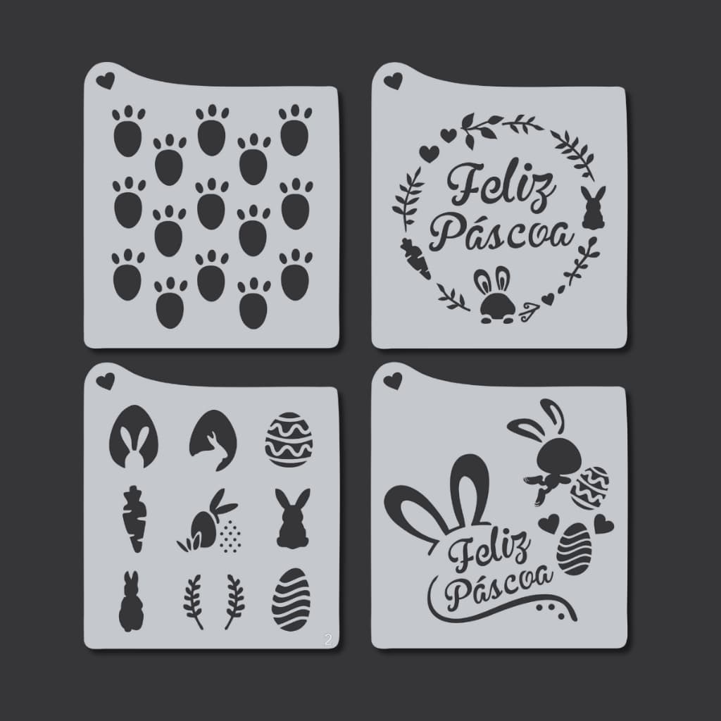 Kit 4 Stencil Molde Vazado para Páscoa, Coelhos, Feliz Páscoa, Cenouras para Pintura, Tecido, mdf