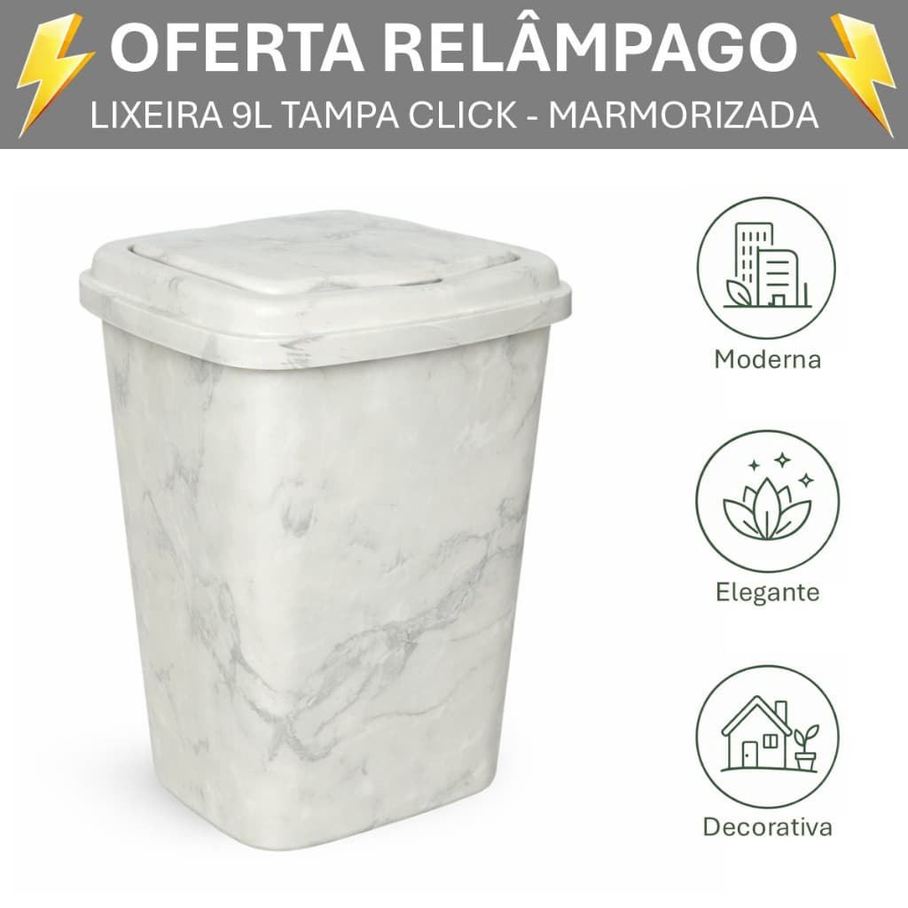 Lixeira 9L Cinza Mármore com Tampa Click | Moderna Compacta para Banheiro, Cozinha e Escritório