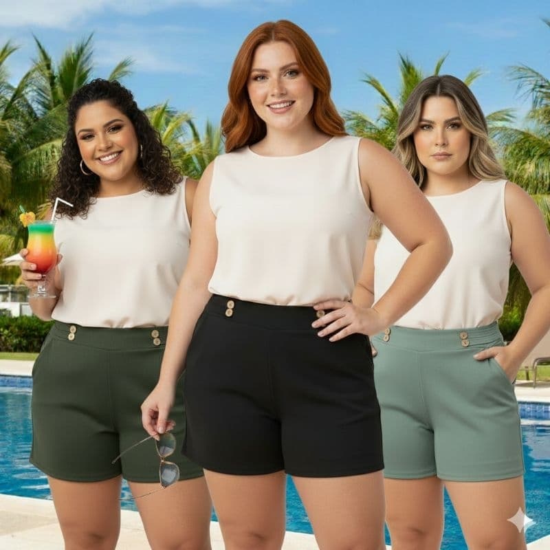 SHORT FEMININO TECIDO MALHA CREPE PLUS SIZE G1 G2 G3 TEM BOTÕES NA FRENTE