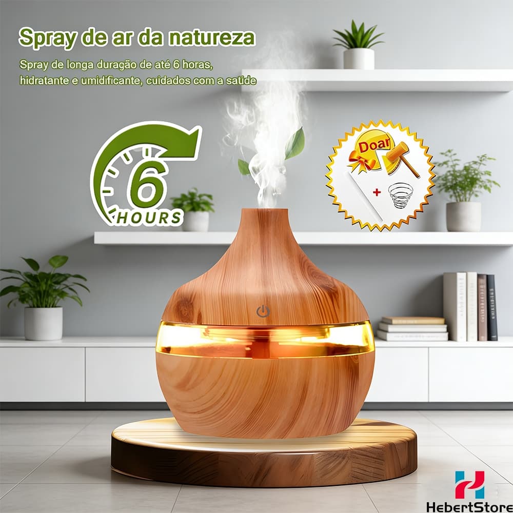 Umidificador De Ar E Aromatizador 8 Horas Madeira Com Led 4 Em 1 Multifuncional Para Quarto UM003