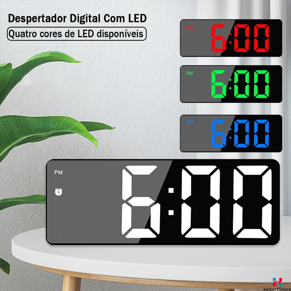 Relógio Digital Led De Tela Grande Colorido Com Despertador Alarme Temperatura E Soneca