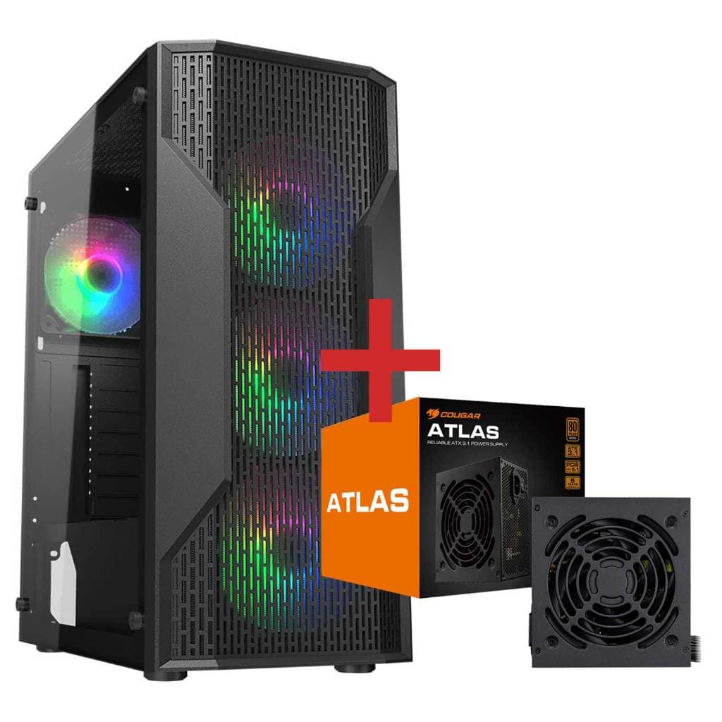 Gabinete Gamer Cougar MX110 RGB, Mid-Tower, x4 Fans RGB, Preto + Fonte Atlas 650W - 392BD20.0002