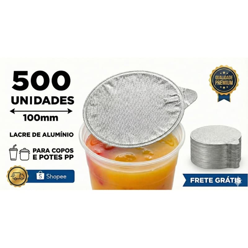 Selo Lacre de Alumínio 100mm | 120mm | 150mm | para Copos PP e Potes | Selagem Térmica | 500 Unidades