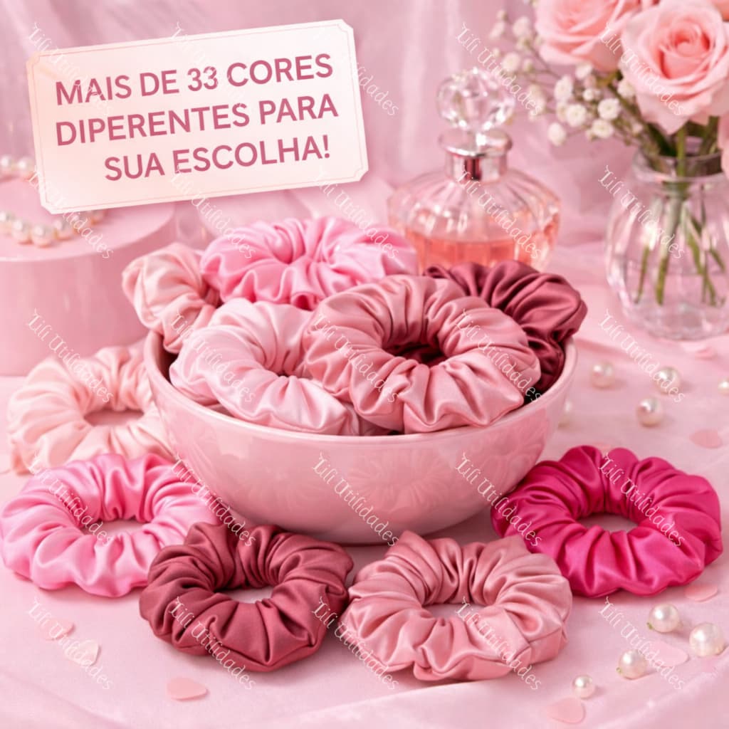 Kit 50 Xuxinha de Cetim com Costura Embutida Charmousse Scrunchie Anti Frizz Luxo