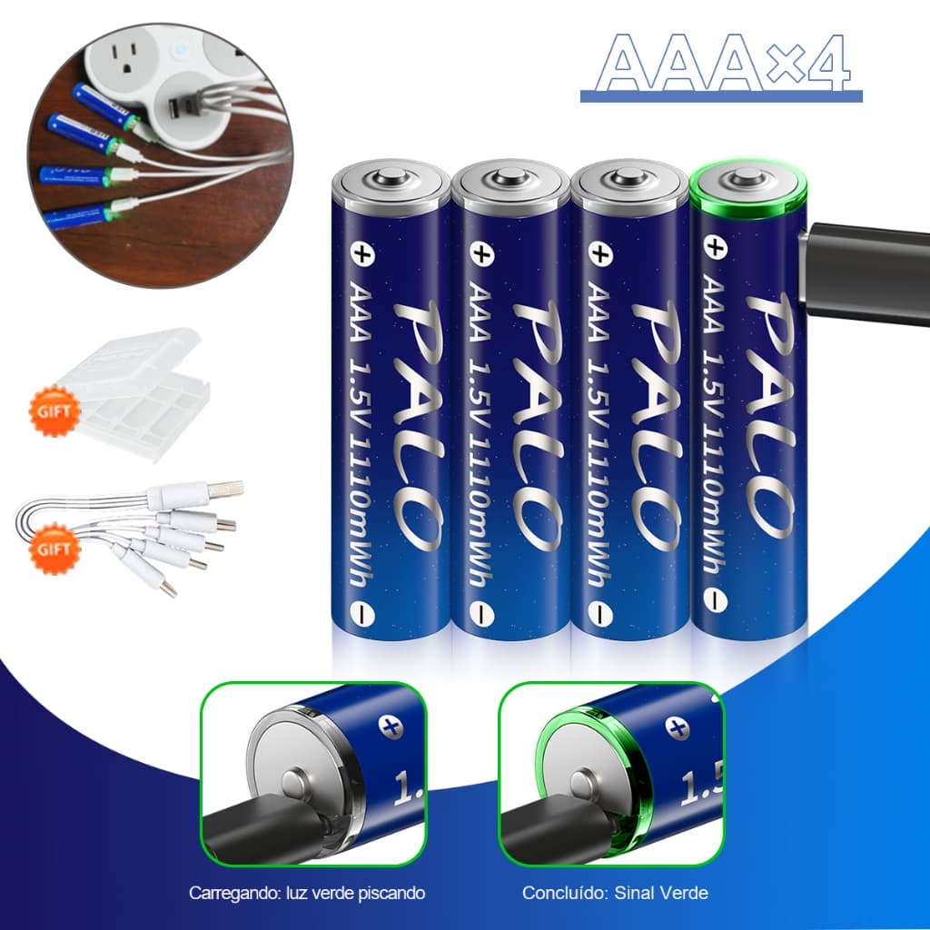 Carregador E Pilha Recarregavel 1.5v 1110mWh Bateria AAA Carrega Usb