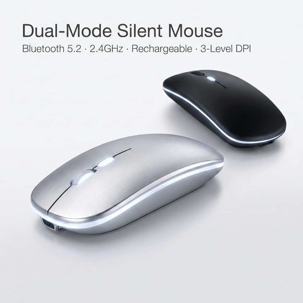 Mouse Sem Fio 2.4GHz + Bluetooth Recarregável Silencioso Compatível iOS/Android Notebook PC Tablet