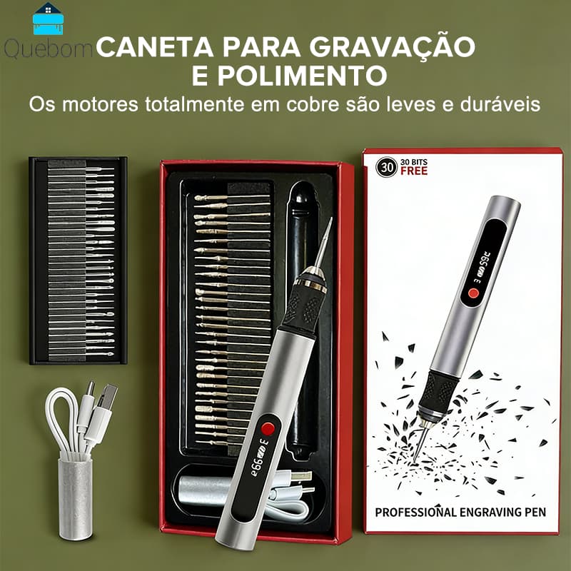 QUEBOM Caneta Gravadora Compacta e Recarregável para Artistas e DIY Grave em Madeira, Vidro, Metais e Plásticos com 30 P