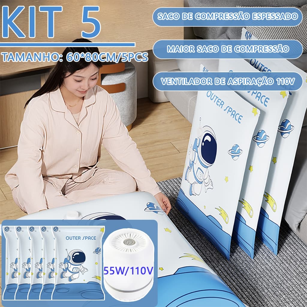Conjunto de Saco a Vácuo com bomba elétrica 110V 55W – Saco de Compressão Vacuo Reutilizável 60*80CM