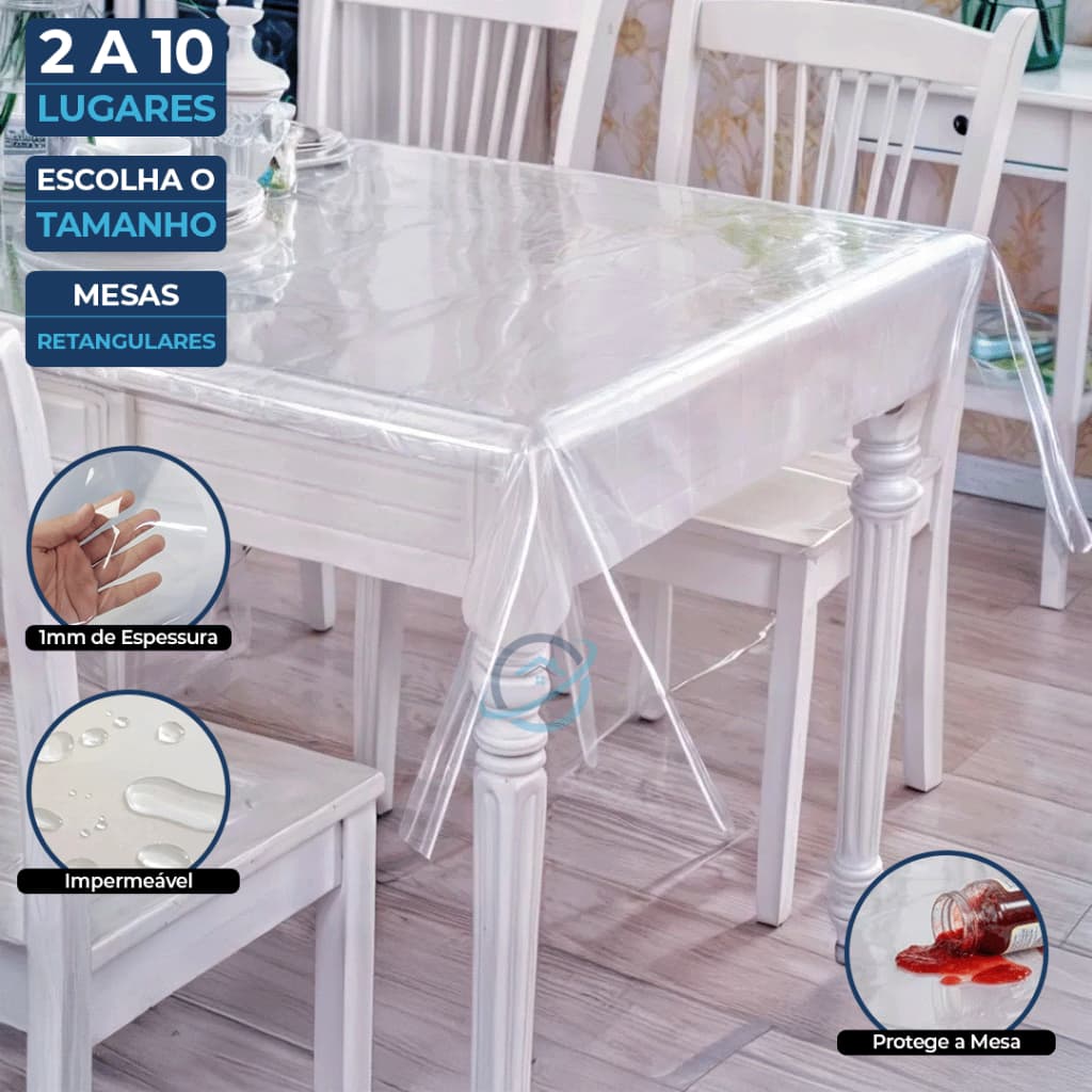 Toalha de Mesa Transparente Plástica Impermeável PVC 2 4 6 8 10 Lugares Quadrada Retangular