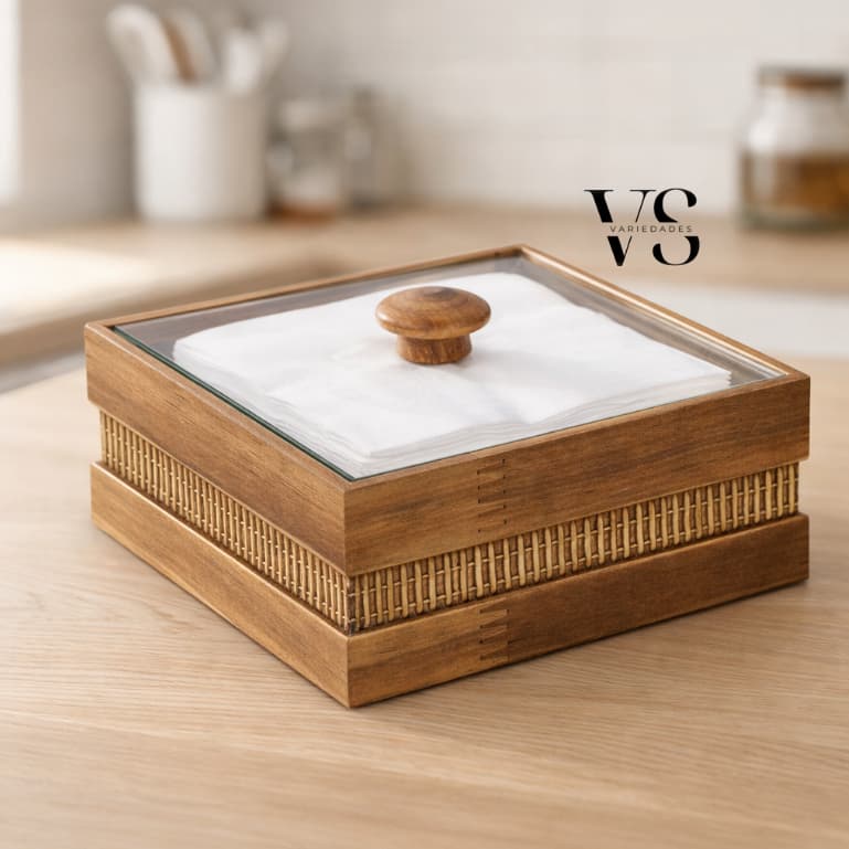 Porta Guardanapo Madeira Rústico 16x16x7cm Tampa Vidro Quadrado Mesa Cozinha Decoração