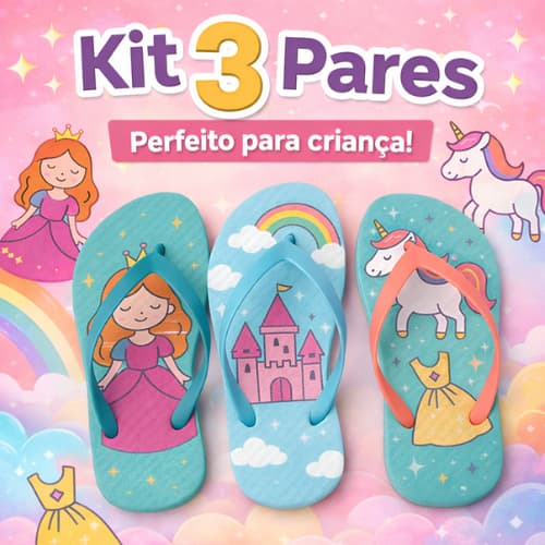 Kit 3 Pares Chinelo Infantil Menina Sortido Confortável Leve Macio