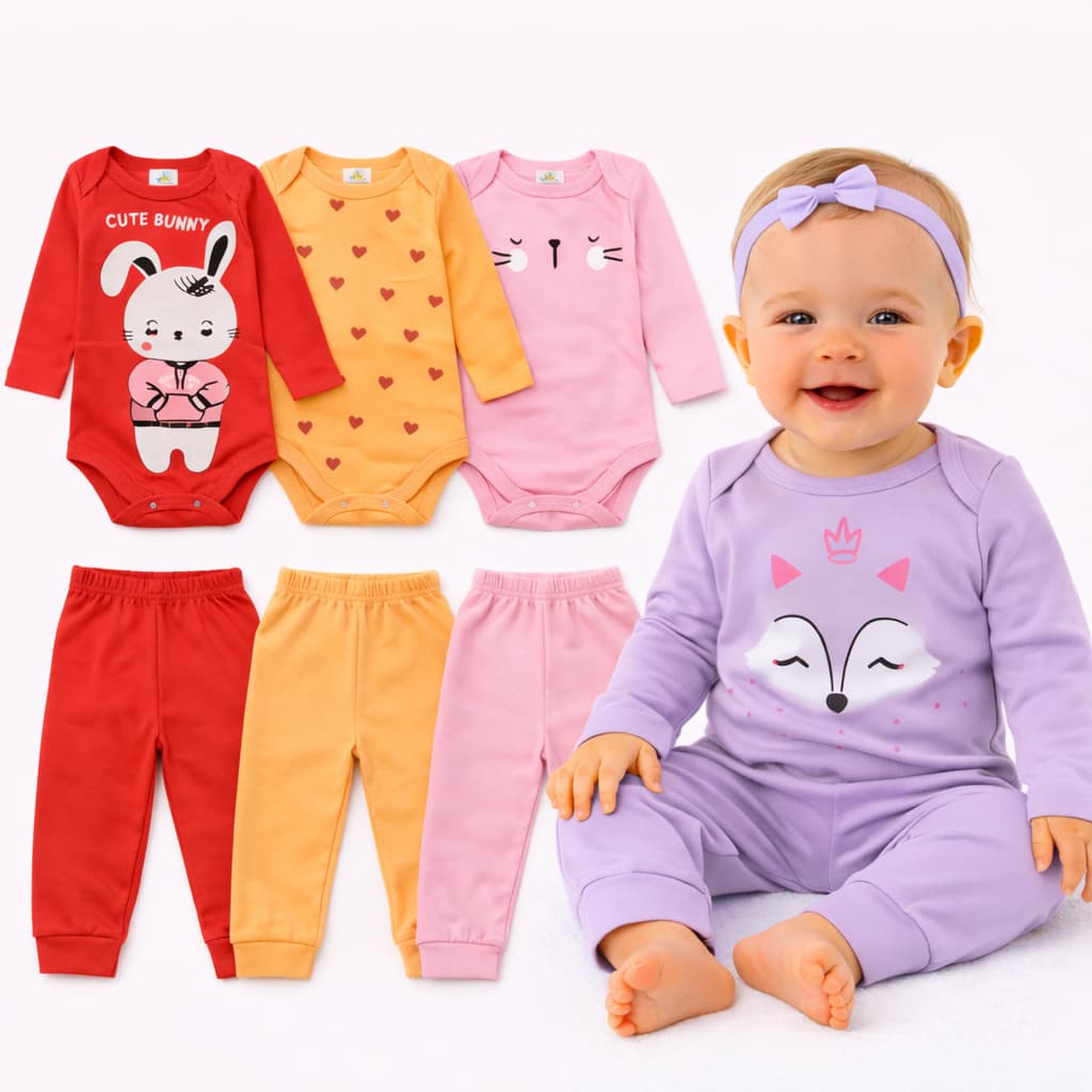 Kit Bebê MENINA 2 Peças Algodão Body Manga Longa + Calça RN ao G