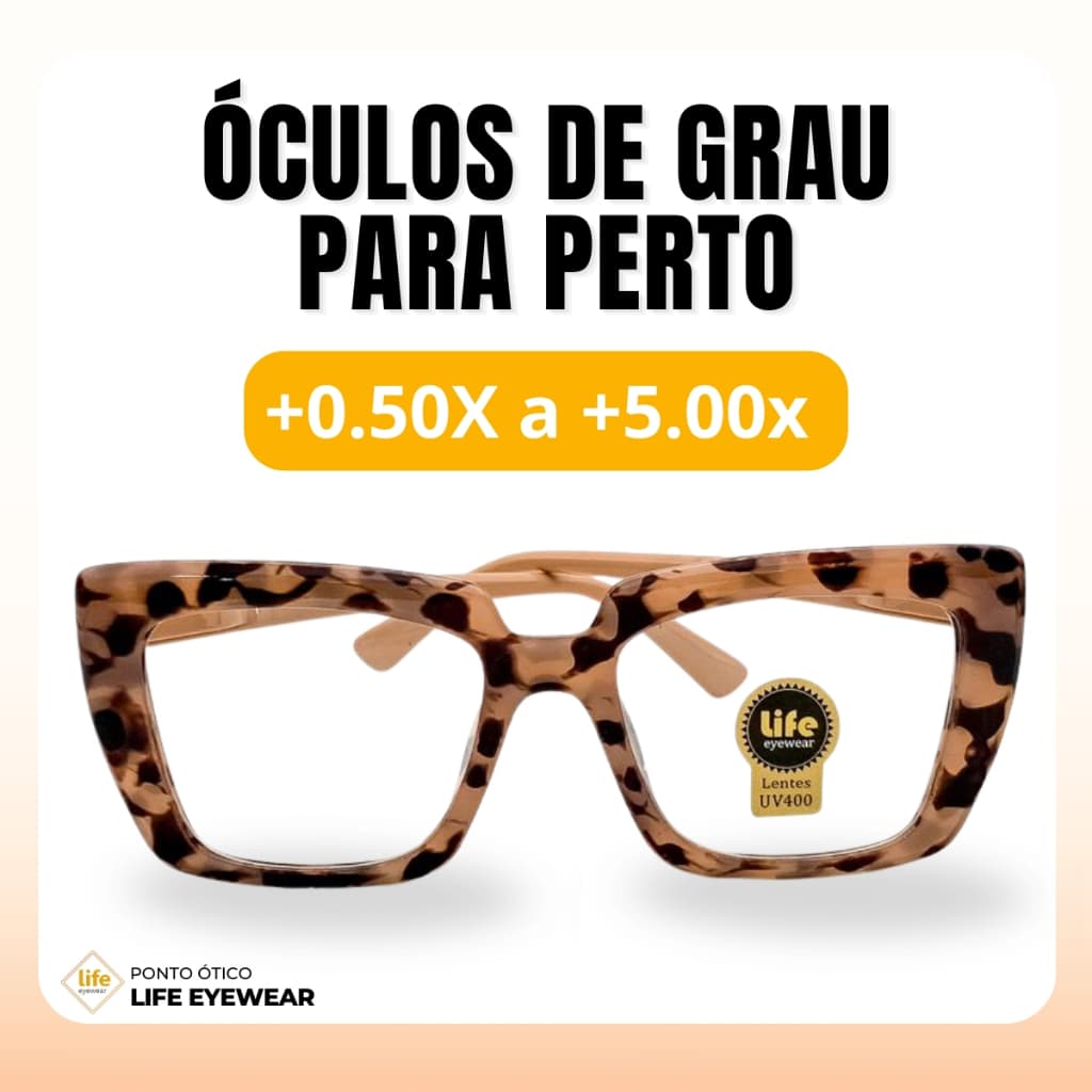 Óculos Quadrado Marília Grau +0,50 a +5,00 Feminino Leitura Hipermetropia Rosa Leopardo