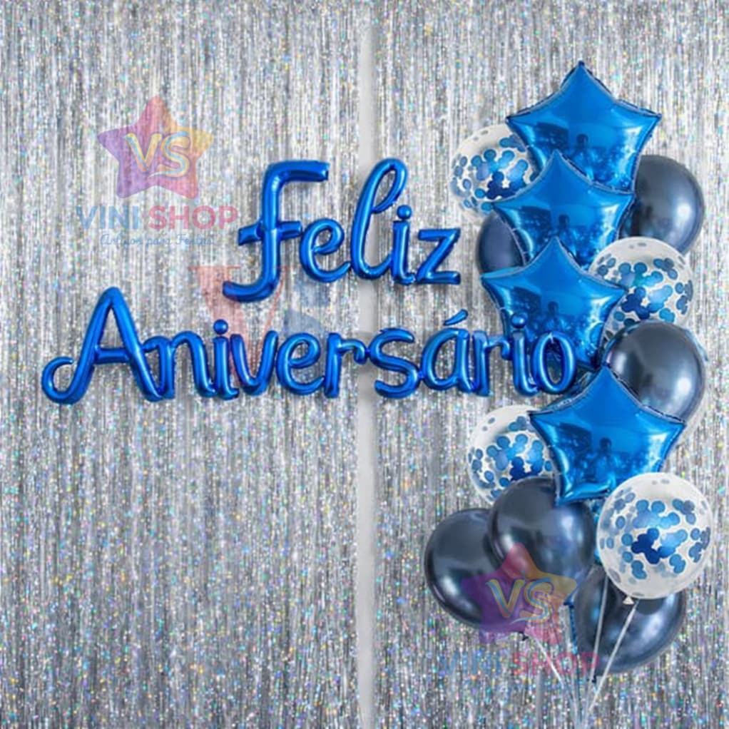 Kit 2 Cortinas + Feliz Aniversario + 14/24 Balões - Decoração Festa de Aniversário