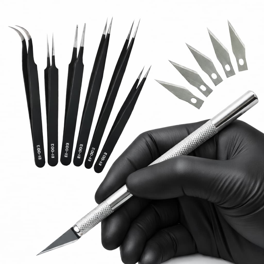 Kit Estilete De Precisão Bisturi Para Corte 5 Laminas + 6 Pinças Artesanato Arte Profissional