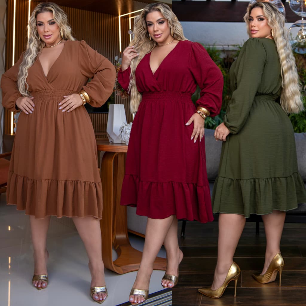 Vestido Plus Size Midi Manga Longa Festa Decote V Transpassado Confortável Amamentação