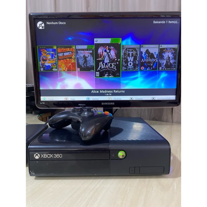 X Box 360 Slim ou Super Slim 01 Controle Original Sem Fio Fonte e Cabo 500 Gigas + de 75 Jogos