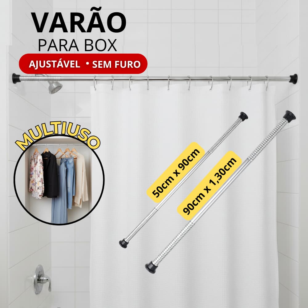 Suporte Bastão Varão Tubo Extensível de Pressão p/ Cortina Box Banheiro Resistente Fácil Instalação