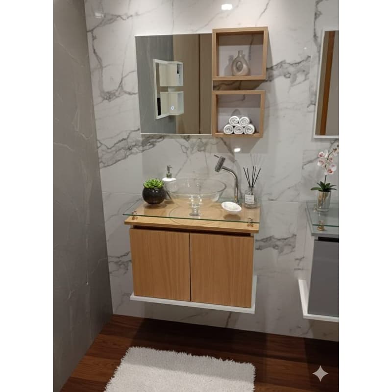 Kit COMPLETO Gabinete com Espelheira com Cuba de Acrilico Banheiro Armario