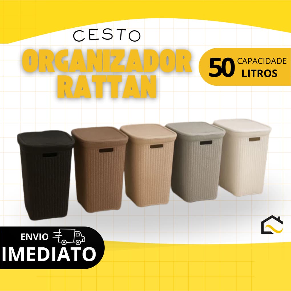Cesto Organizador Rattan 50L com Tampa – Resistente e Ventilado