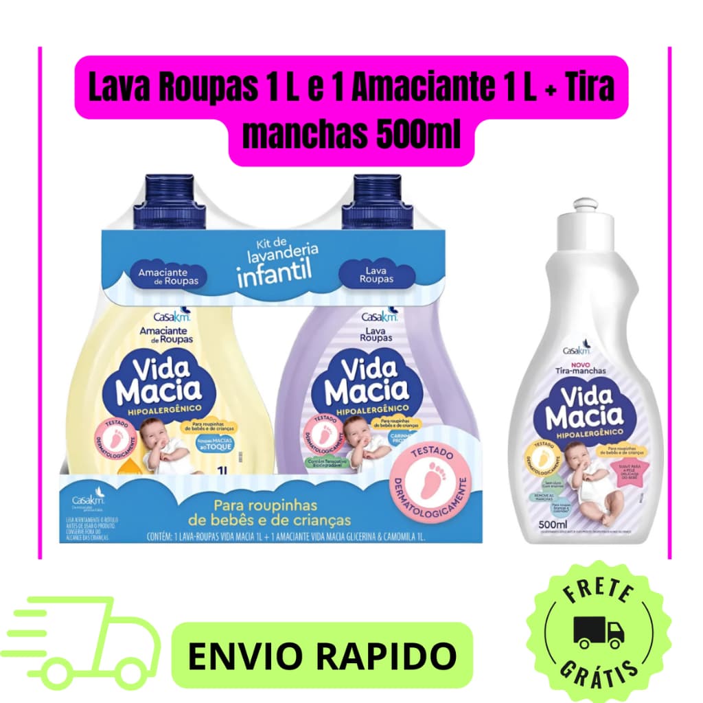 Lava Roupas Vida Macia 1 Litro e Amaciante Camomila 1 Litro + Tira Manchas 500 Ml