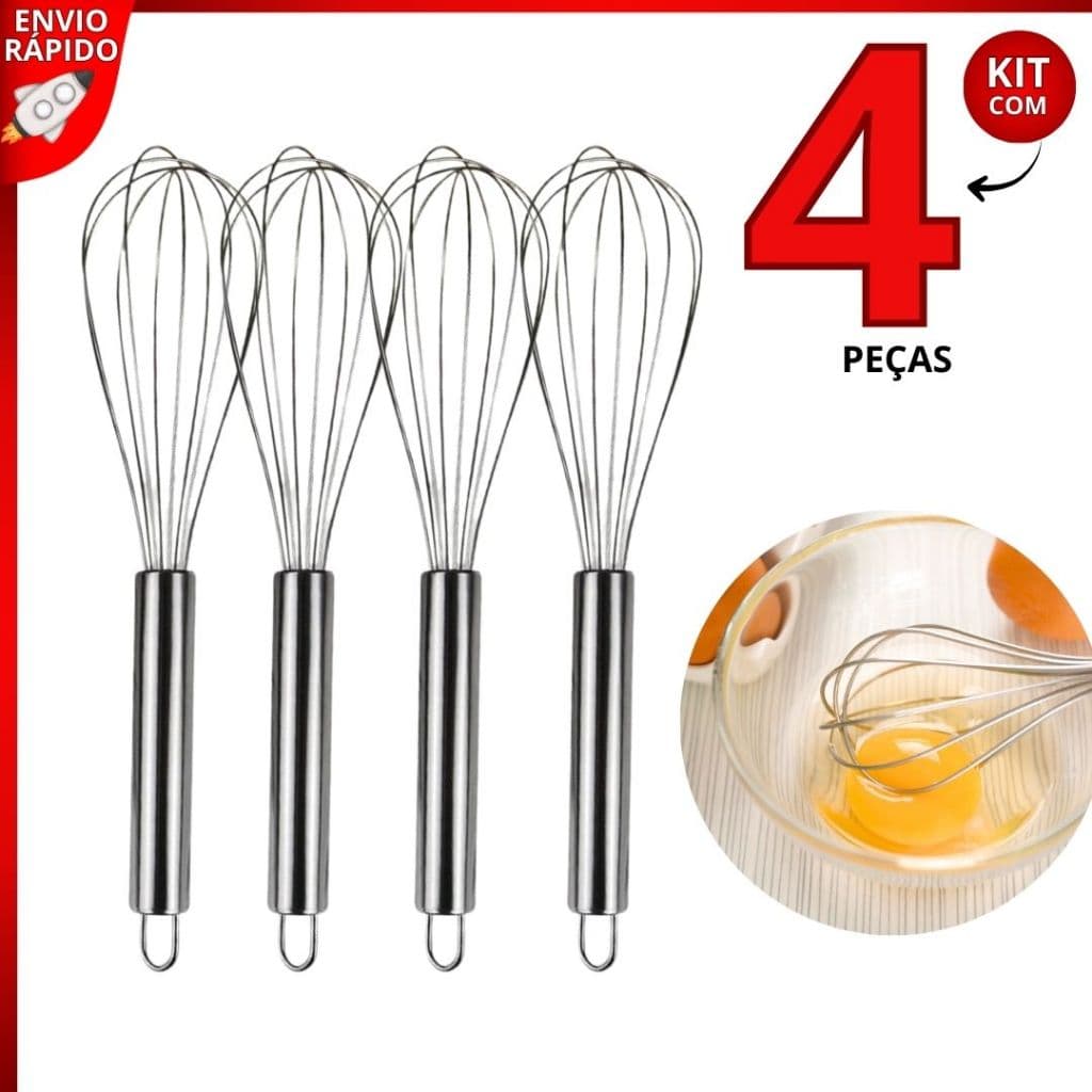 Kit 4 Batedor de Ovos Fouet Inox 30cm Manual para Misturar Massa, Creme, Molhos e Confeitaria
