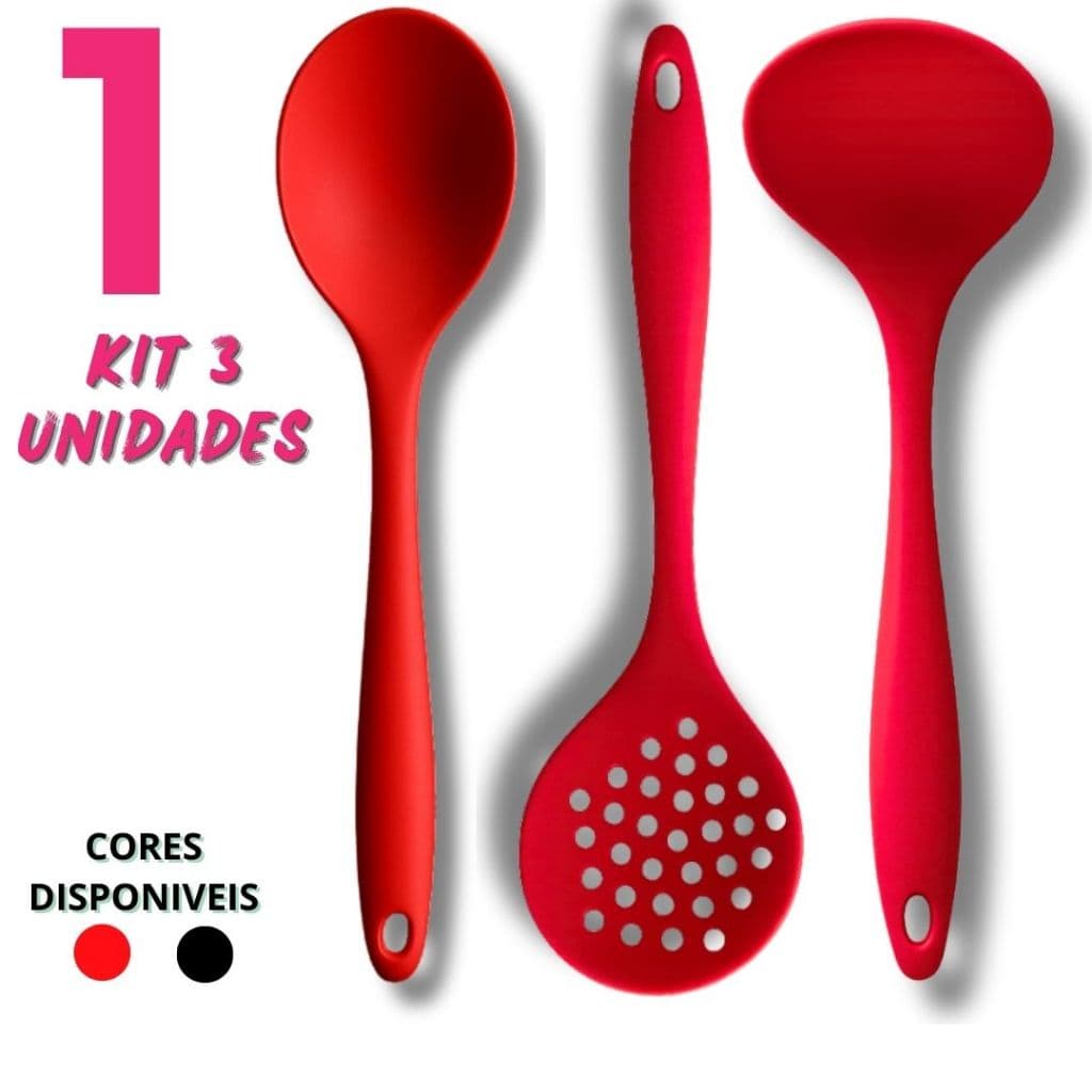Kit Utensílios de Silicone Concha Colher e Escumadeira Cozinha Antiaderente Cores Vermelho e Preto