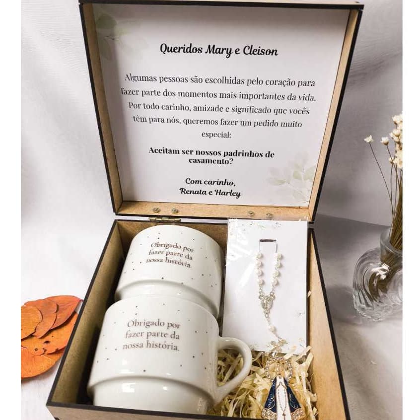 Kit Convite para Padrinhos de Casamento com Xícaras + Caixa MDF + Mini Terço