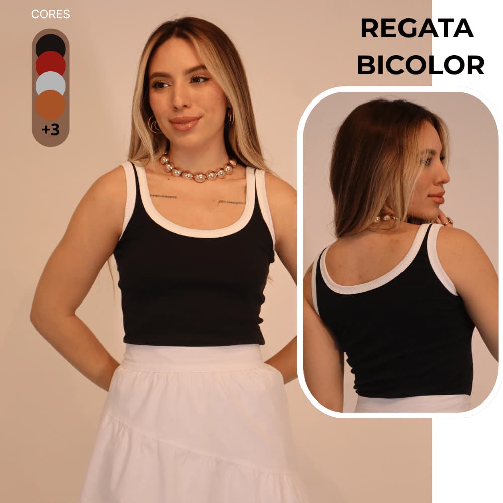 Blusa Regata Canelada Bicolor Feminina Justa Alcinha Básica Moda Verão Casual Estilosa Premium