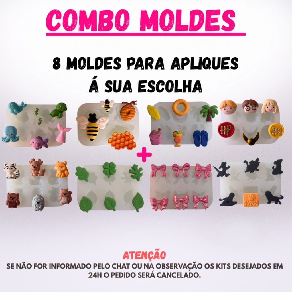 Combo Personalizado | 8 Moldes de Silicone para Apliques de Artesanato