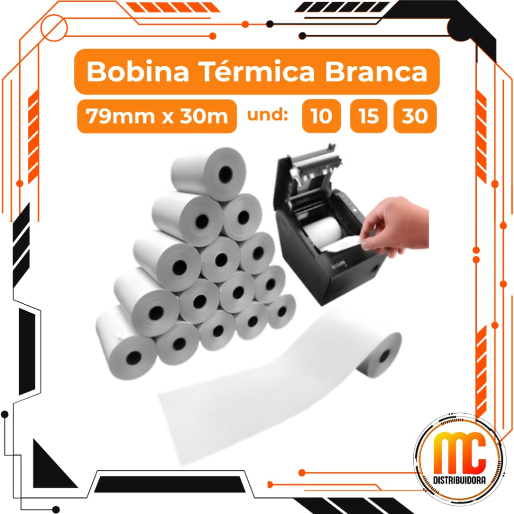 Bobina Térmica para Impressora 79mm x 30m Nota Fiscal Cupom Caixa Comércio Fiscal