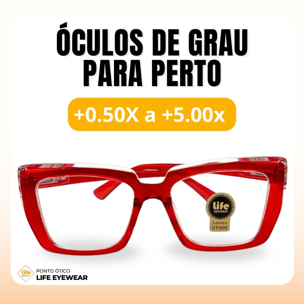 Óculos Quadrado Marília Grau +0,50 a +5,00 Feminino Leitura Hipermetropia Vermelho Transparente