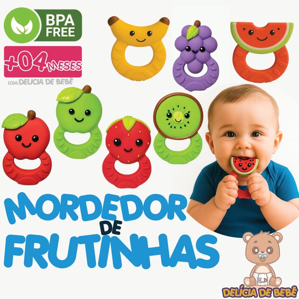 Mordedor P/ Bebê - Alívio Dentição - 100% Natural Super Macio Frutinhas  Colorido e Divertido