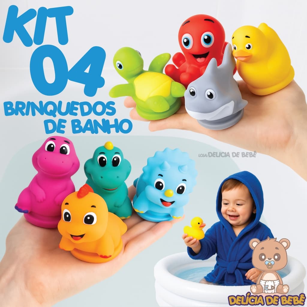 Kit Brinquedo de Banho para Bebê- Patinho- Dino- Flutuante- Macio- Água Banheira Piscina- Vila Toy