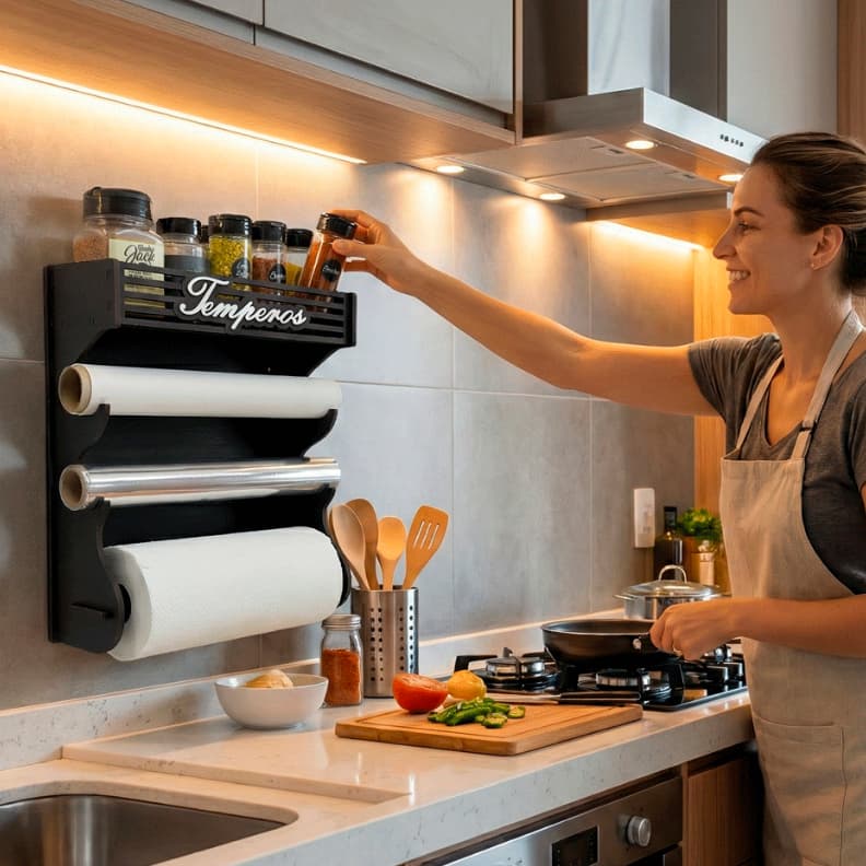Porta Tempero de Parede com Porta Potes, Papel Alumínio, Papel Toalha e Papel Manteiga. Não inclui os Potes.