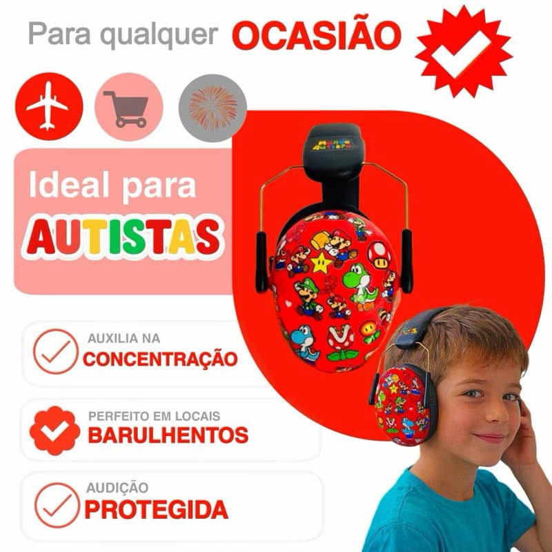 Abafador 32 Db Autismo Mario  Infantil Fone Protetor de Som Ouvido  Auricular Ruido Super Confortavel Tdah Tea Autista
