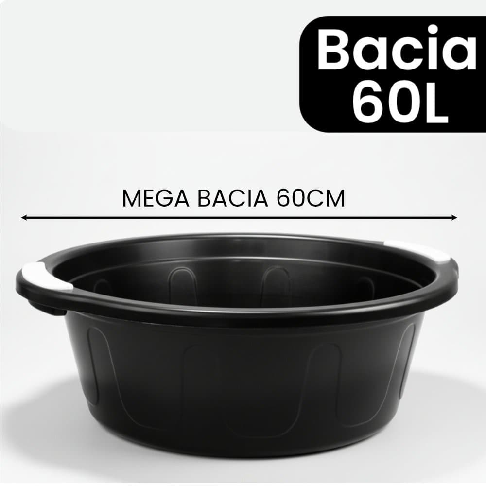 Bacia 60 Litros Plástica Com Alça Aplique Reforçada Preta Balde Grande Lavanderia