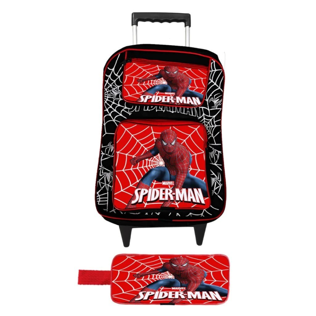 Mochila Infantil Homem-Aranha com Rodinhas + Estojo Escolar Menino Spider-Man